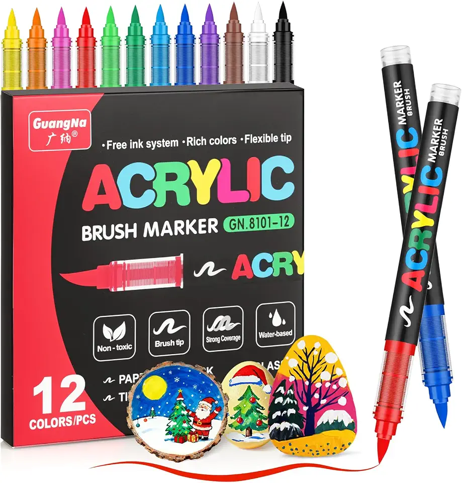 JRQ Marcadores de tinta acrílica de 12 cores, canetas de tinta de ponta de pincel, marcadores de acrílico com tinta impermeável de longa duração para rocha, tela, tecido, madeira, papel, vidro, pedra