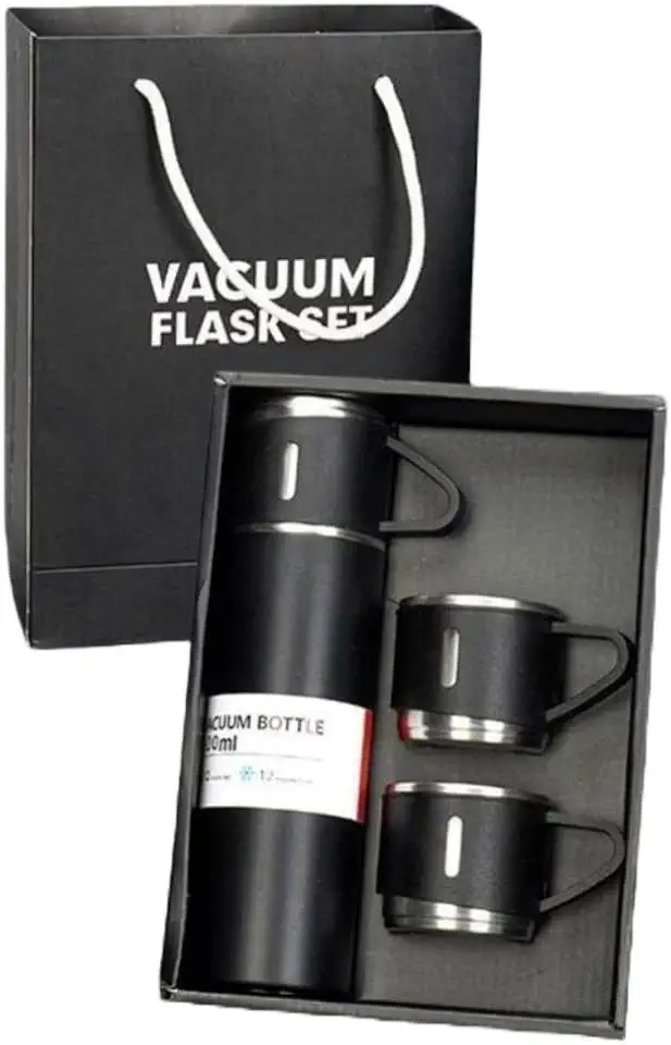 Kit Garrafa Termica Inox Isolada a Vacuo Parede Dupla Com Tampa Caneca e 2 Canecas 500ML Para Quente Gelado (Kit Preto)