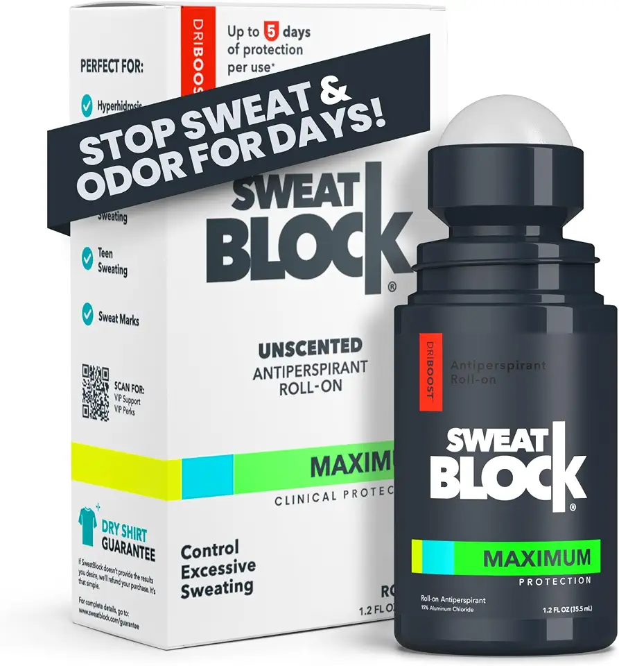 SweatBlock Max Clinical Antiperspirant Roll-On - para Sudorese Excessiva e Hiperidrose - Proteção/Uso Até 7 Dias - Unissex, Sem Perfume - 1,2 Fl Oz