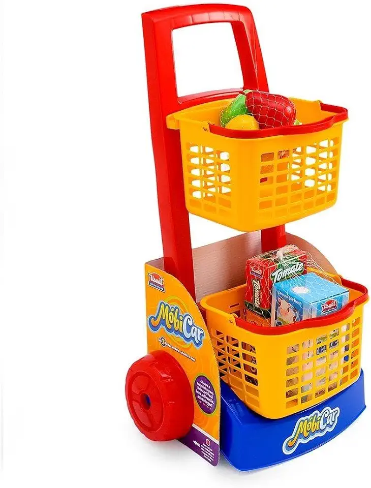Mini Cart Carrinho de Compras Infantil, Plástico, Cestas Removíveis, com Acessórios de Supermercado, Feira, Brinquedo Educativo P/ Criança, Presente, Imaginação (Carrinho de Compras de Brinquedo)