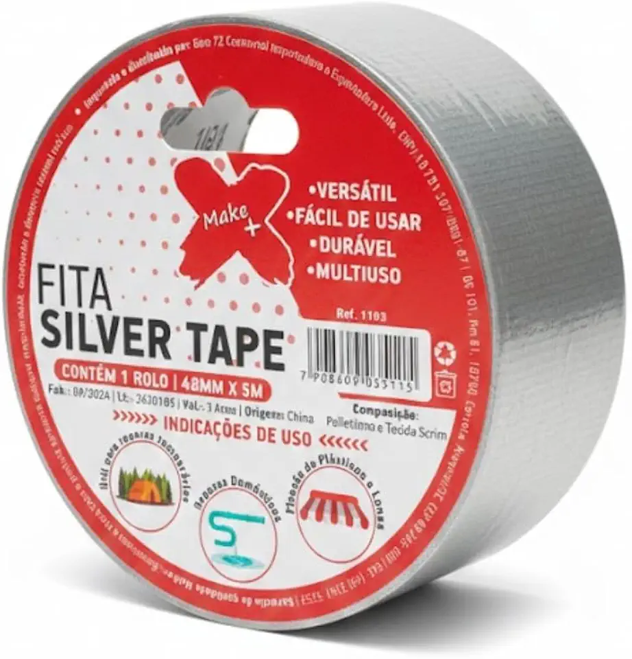 Silver Tape Make+ - Fita de Reparo Forte com Tecido, Impermeável - Para Lonas, Plástico, Tubos e Reparos Emergenciais