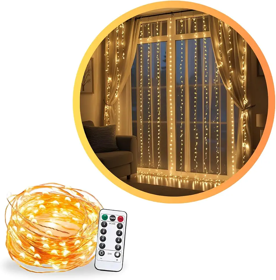 Cortina de LED 3x3m 300 Leds Pisca Pisca Fio de Fada Decoração de Natal Ano Novo Casamento Festas Eventos Especiais Controle Remoto 8 Modos Fio de Cobre Quarto Varandas Janela Conector USB Bivolt