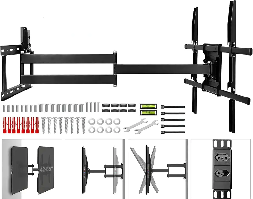 Suporte TV Articulado de Parede com Soquete e Braço Longo 85 cm,Suporte para TVs Planas e Curvas de 42-80 Polegadas, Movimentação, VESA 200x100 a 600x400mm, Até 45 Kg, Preto