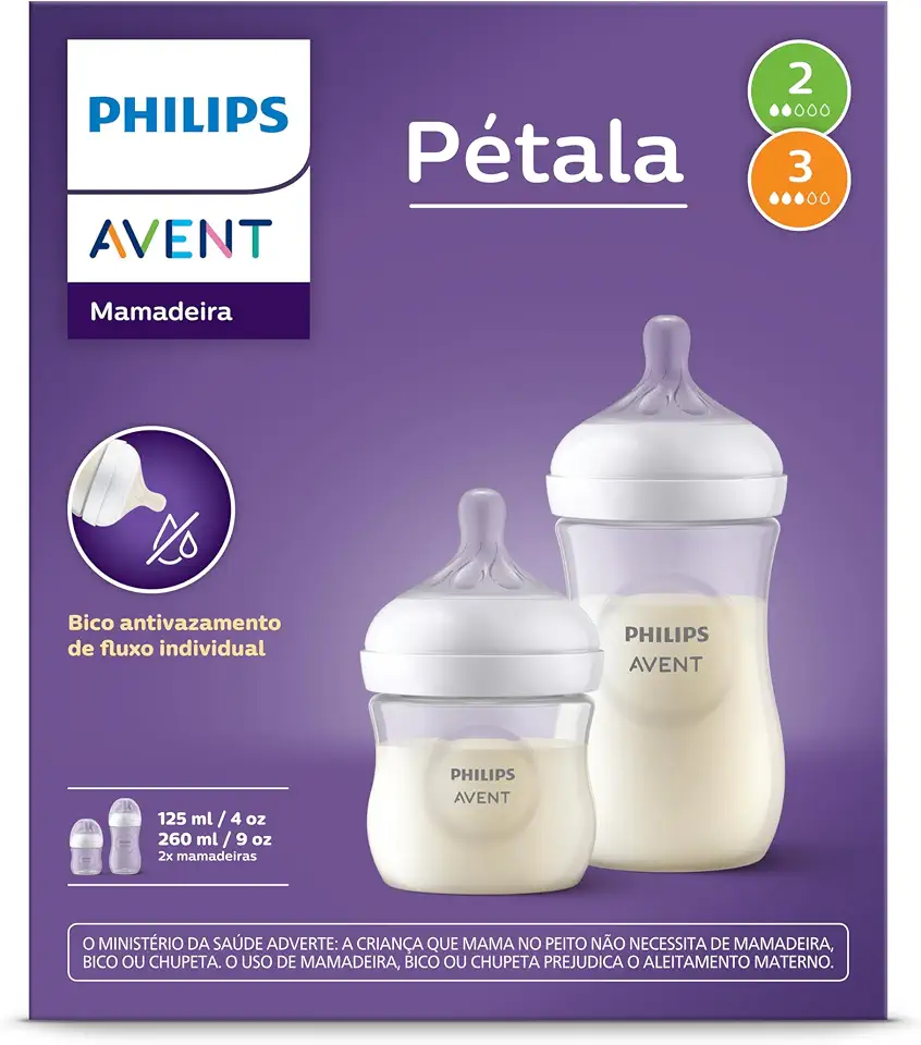 Philips Avent Kit de Mamadeira Pétala 3.0, 125ml bico fluxo lento (Fluxo 2), 260ml bico fluxo médio (Fluxo 2), 2 Un branca- SCD838/26