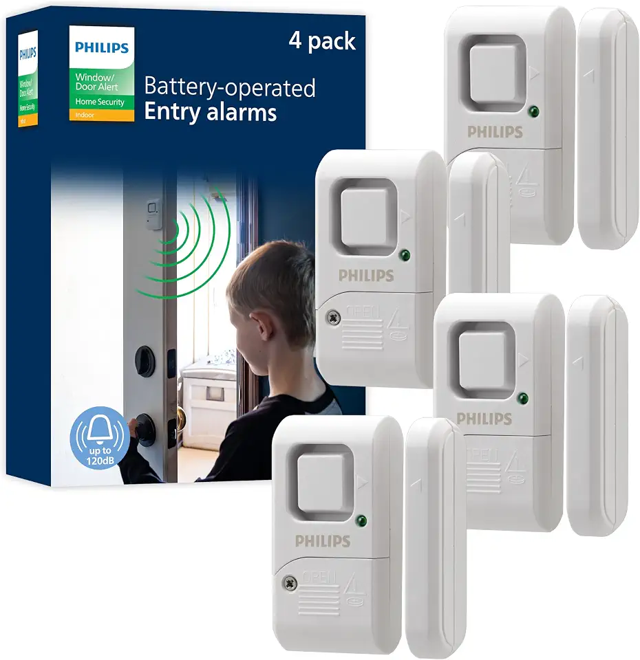 Philips Alarme de Segurança Pessoal Para Janelas E Portas, Pacote com 4 Unidades, Proteção Faça Você Mesmo, Alerta Contra Roubo, Sem Fio, Campainha/Alarme, Fácil Instalação, Ideal Para Casa, Garagem