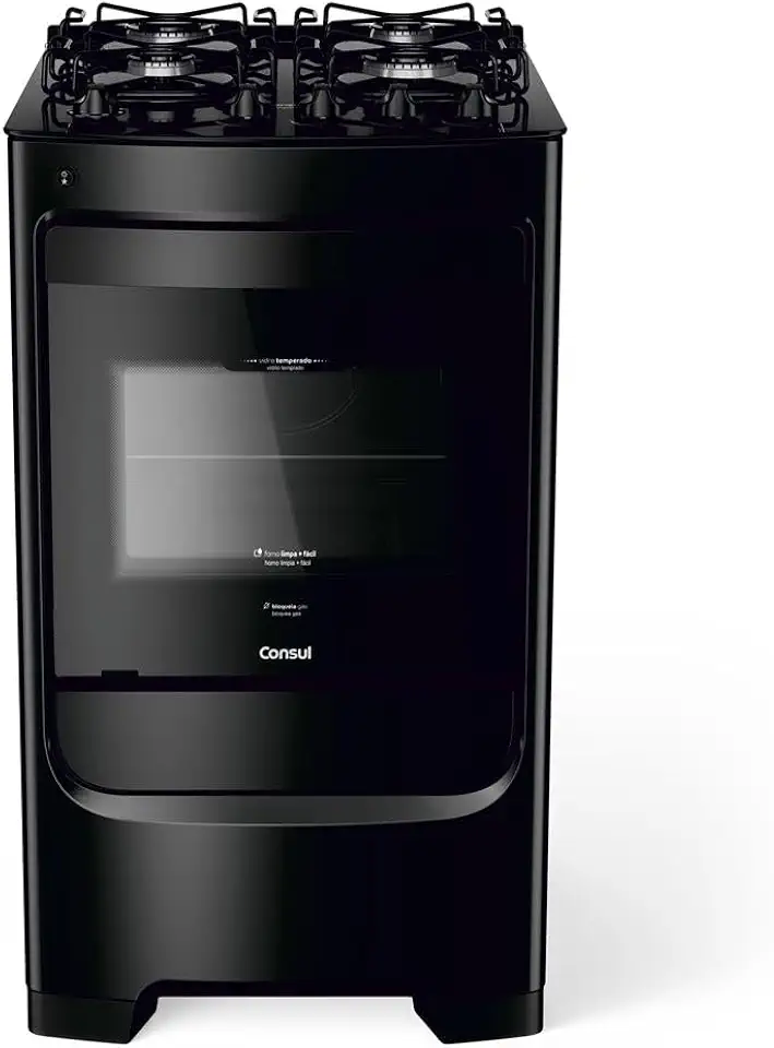 Fogão Consul 4 bocas preto com mesa de vidro e grades individuais super estáveis - CFO4VBE BIVOLT