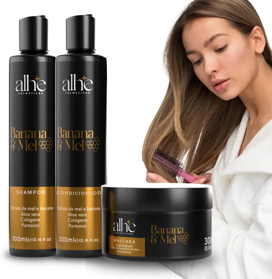 KIT ALHE Banana & Mel – Shampoo, Condicionador e Máscara Capilar Veganos para Hidratação Profunda, Maciez Instantânea, Brilho Natural e Recuperação dos Fios Secos ou Danificados