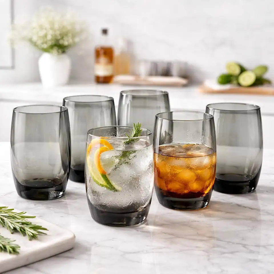 Conjunto de 6 Copos de Vidro Fumê, 475ml, Design Moderno, Alta Durabilidade, Formato Ergonômico