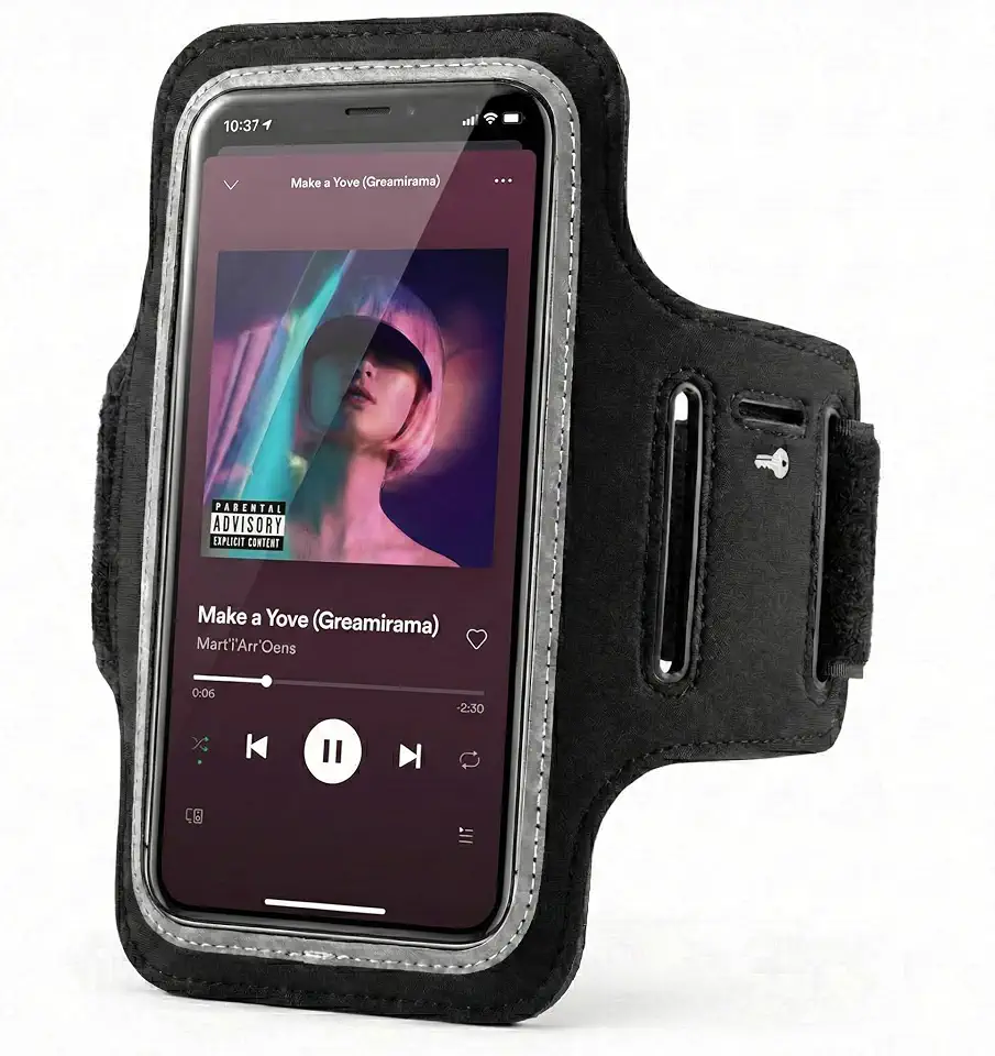 Braçadeira Porta Celular para Corrida Preta Compatível com Smartphones até 6.5 Polegadas com Bolso para Chave e Saída para Fones Ajustável Resistente à Água e Suor