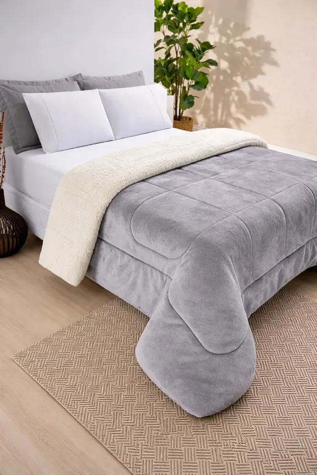 Edredom Cobertor Grosso Coberdrom Sherpa Pele Carneiro Peludo Casal Queen 2,20 x 2,40m (Cinza)