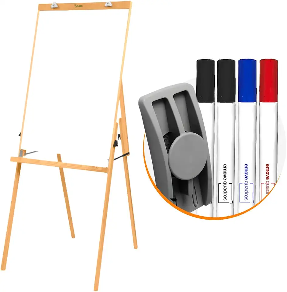 Kit Cavalete Porta Bloco Flip Chart Com Quadro Branco Para Palestras E Reuniões + 4 Canetas Apagador