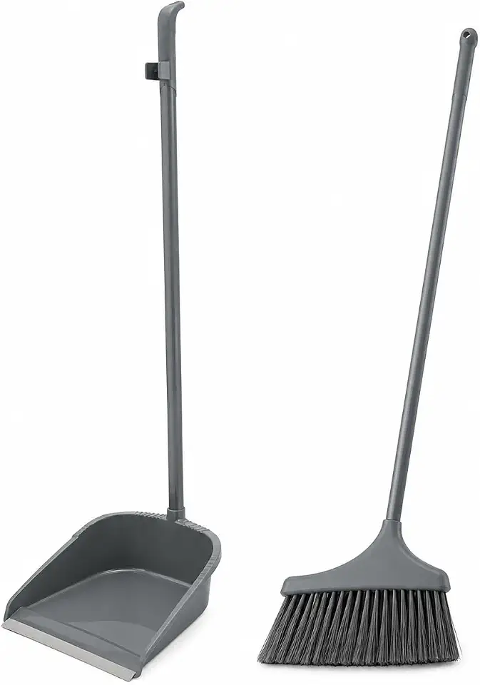 Kit Vassoura e Pá com Cabo Longo 80cm e 82cm para Limpeza Doméstica | Pá Coletora com Cabo | Vassoura Multiuso para Casa, Apartamento, Escritório | Cores Preta ou Cinza (CINZA)