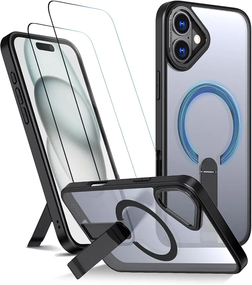 Capa para iPhone 16 Plus Capinha - Compatível com MagSafe, com protetor de ecrã temperado de 2 peças, estojo ultrafino resistente a choques e quedas com suporte ajustável - Preto
