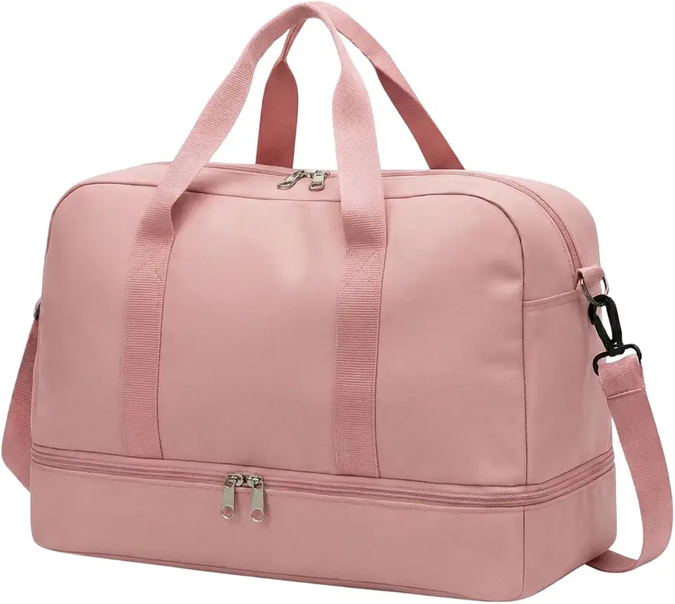 Mala de Mao Compacta de Viagem Feminina Funcional com Alca Transversal Bolsa de Viagem em Nylon Resistente com Bolso para Sapatos Ajustavel Leve e Versatil Ideal e Uso Diario (Rosa)