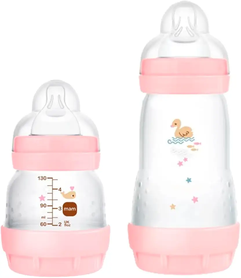 MAM Baby Kit 2 Mamadeiras Easy Start Starter Set Anticólica e Menos Bolhas de Ar, para Crianças 0+ Meses Autoesterilizável e com Bico de Silicone Skinsoft, Rosa