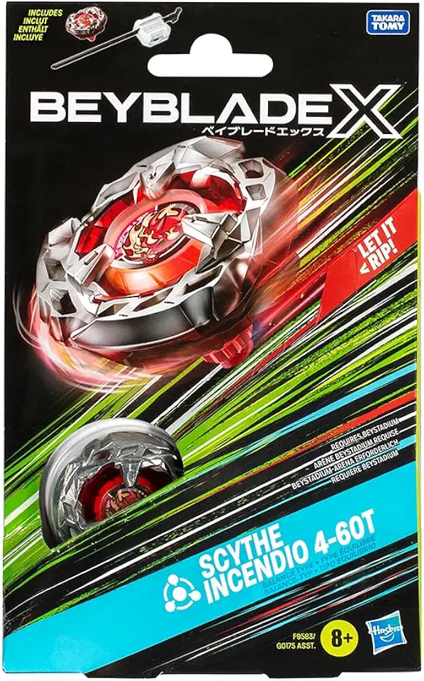 Beyblade X, Pião, Scythe Incendio 4-60T - Conjunto de Brinquedo Tipo Equilíbrio, Giro à Direita, Inclui Lançador - A partir de 8 Anos