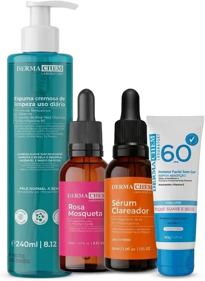 Dermachem Kit Skincare Completo Espuma de Limpeza Facial Sérum Rosa Mosqueta Sérum Clareador Protetor Solar FPS 60 Rotina Completa de Cuidados com a Pele