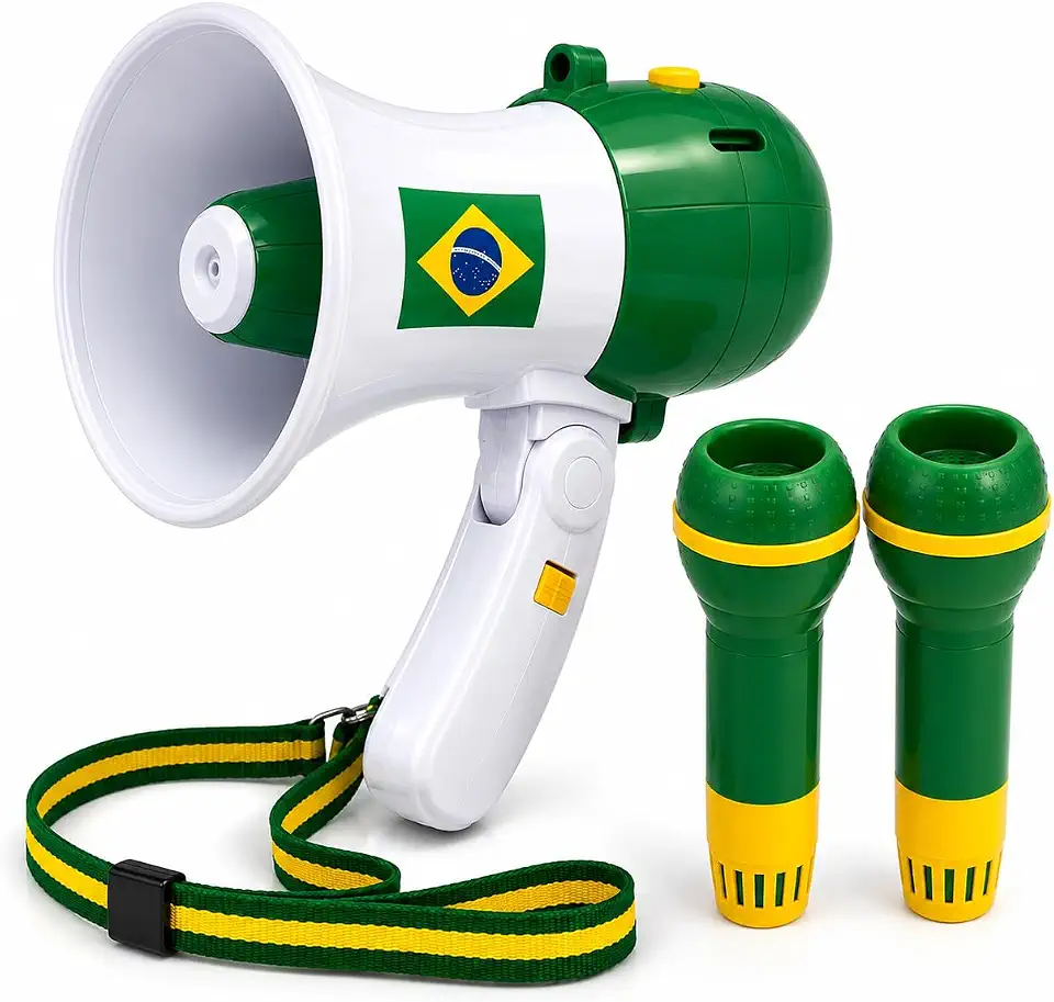 Kit Torcida Copa do Mundo com Mini Megafone + 2 Microfones | Som de Torcida Brasileira + Função Amplificador de Voz | Brinquedo para Festa, Jogos, Copa e Comemorações