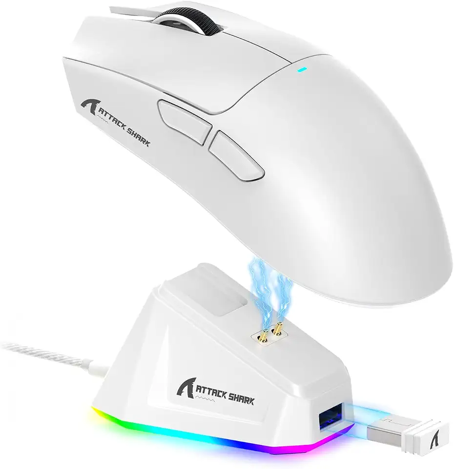 ATTACK SHARK X11 Mouse sem fio leve, 62g, RGB, conexão tri-modo (2.4G/USB-C/BT), 22K DPI, sensor PAW3311, 5 botões programáveis, base de carregamento RGB, compatível com PC/Mac-Branco