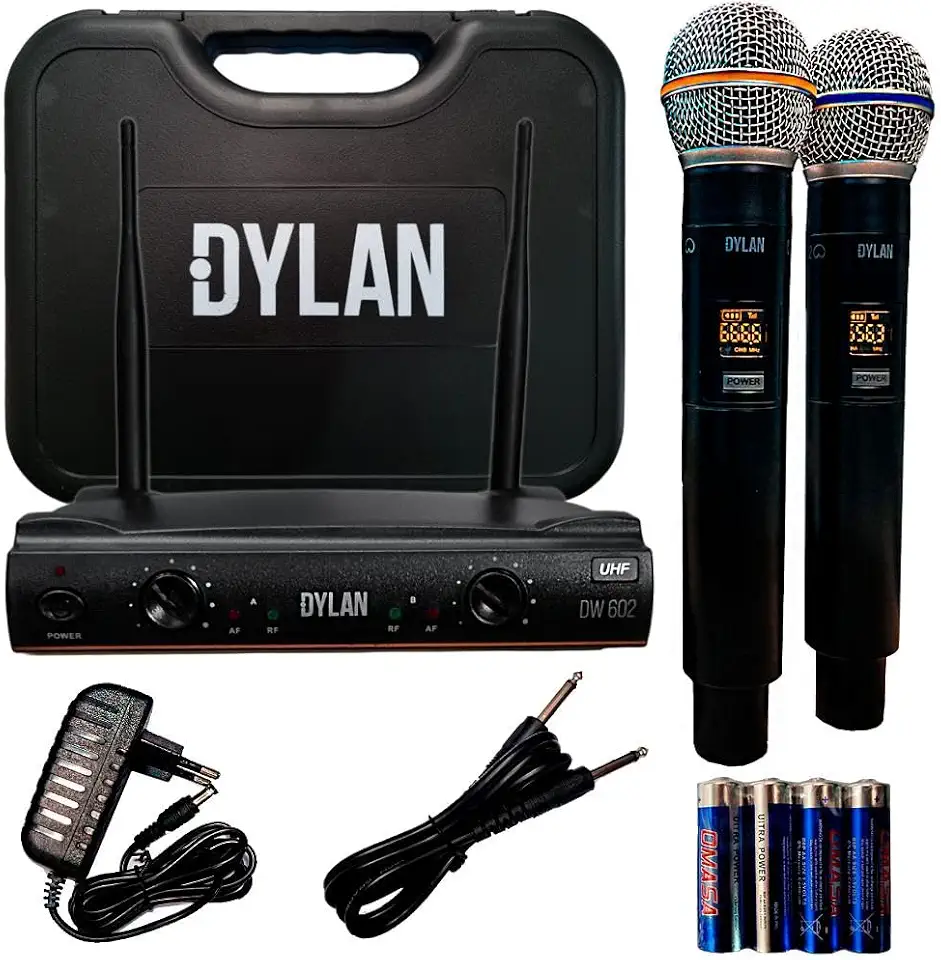Microfone De Mão Duplo Sem Fio Dylan 26 Canais DW-602 Max
