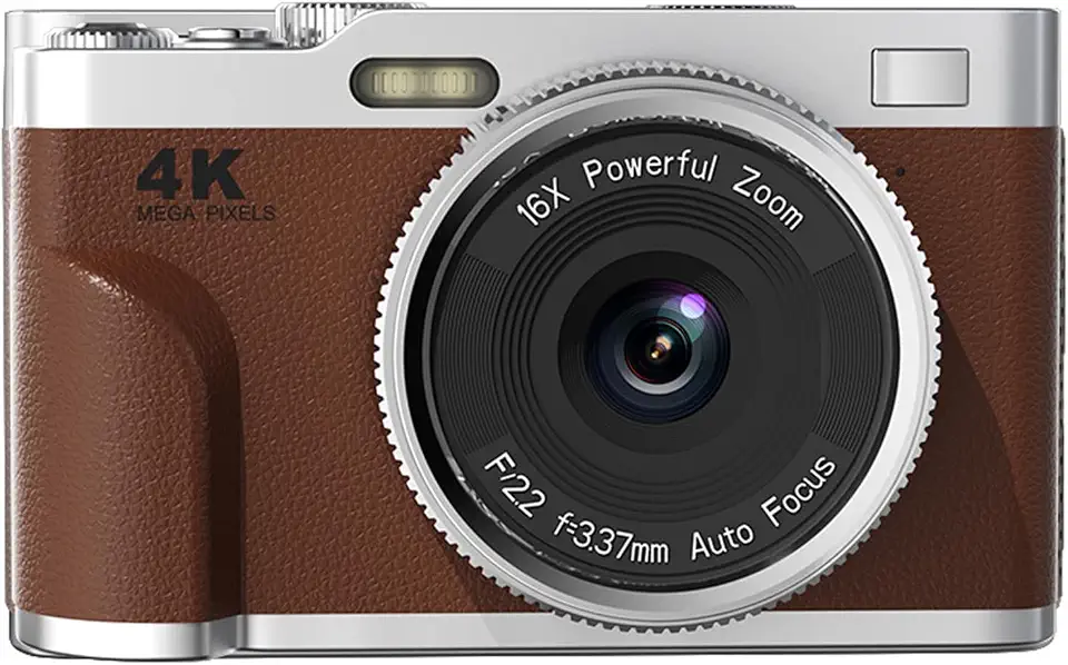 Asixxsix Câmera digital, UHD 4K 48MP 16x Zoom Câmera digital point and shoot com foco automático inteligente Anti Shake Cartão de memória de 32 GB, câmera compacta portátil (Marrom)