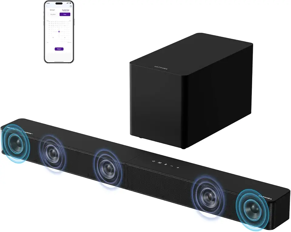 ULTIMEA 5.1CH Barra de som com subwoofer, Dolby Atmos, VoiceMX, BassMX, APP, 340 W surround Soundbar 5.1 para TV, sistemas de cinema em casa e home theater, Bluetooth 5.4, Poseidon M60 Boom