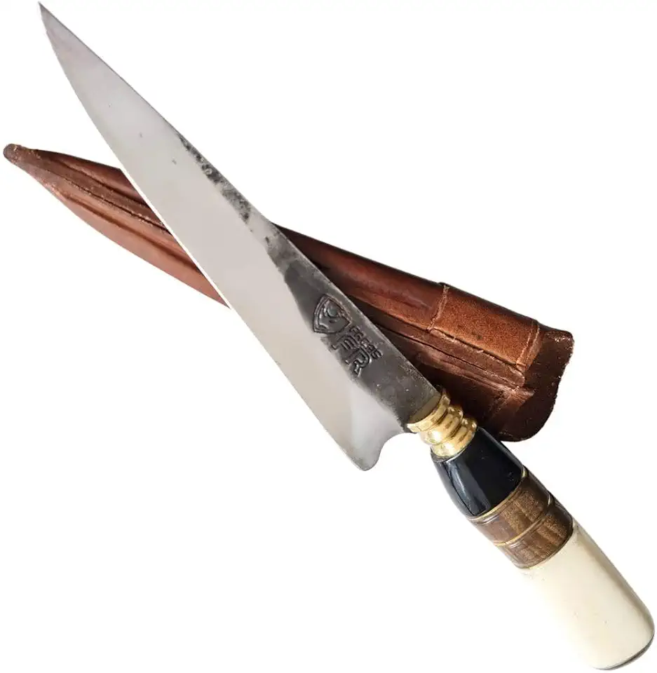 Faca Artesanal FACAS FR Churrasco 7" Aço Carbono 1070 com Cabo de Osso, Madeira e Chifre Bainha de Couro Corte Preciso Produzida no Brasil
