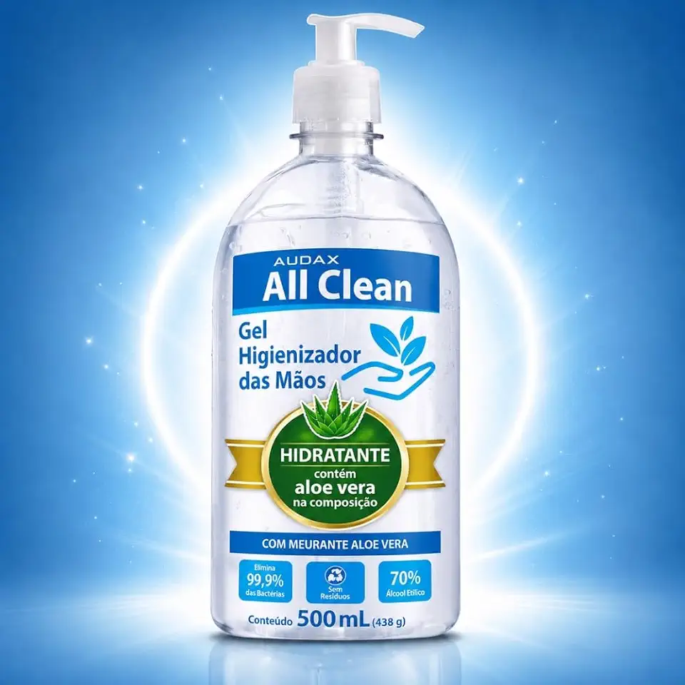 Álcool Gel 70% Higienizador de Mãos 500ml All Clean – Proteção Antibacteriana, Com Aloe Vera, Toque Suave, Secagem Rápida