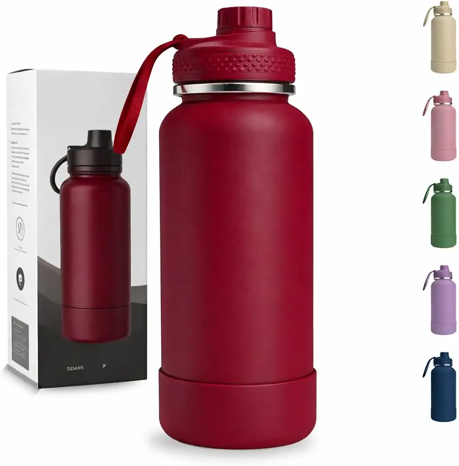 Garrafa Térmica 1000ML - Duplamente Isolada, Aço Inox 304, Base Emborrachada Anti Derrapante, Mantém Bebidas Quentes por 12 Horas e Geladas por 24 Horas (Vermelho Wide)