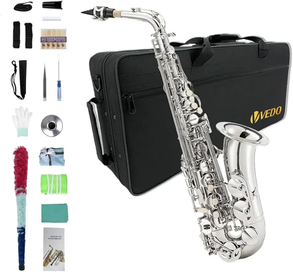VEDO Saxofone alto em Mi, prateado, laca, nível profissional, iniciantes e estudantes, laca prateado antiderrapante, chaves em madrepérola e conjunto completo de acessórios