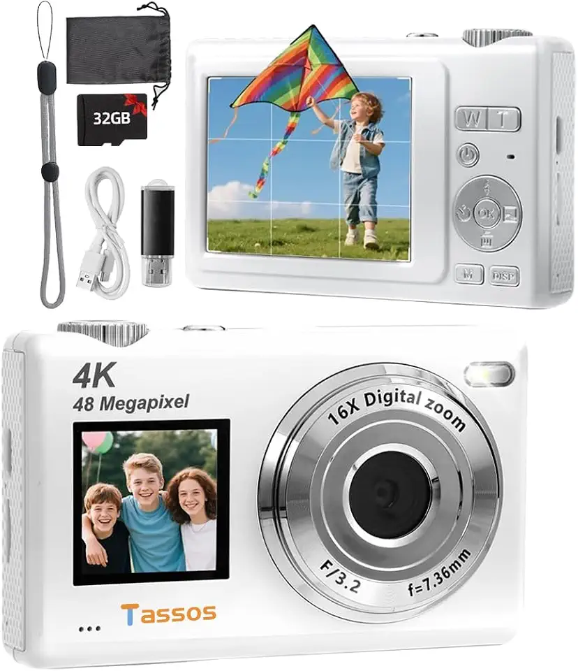 Câmera Digital,Fotográfica 48MP 4K,Câmera Compacta para Vlogs com Tela Dupla, Cartão de 32 GB, Zoom Digital de 16x e Estabilizador de Imagem, Ideal para Iniciantes (Branco)