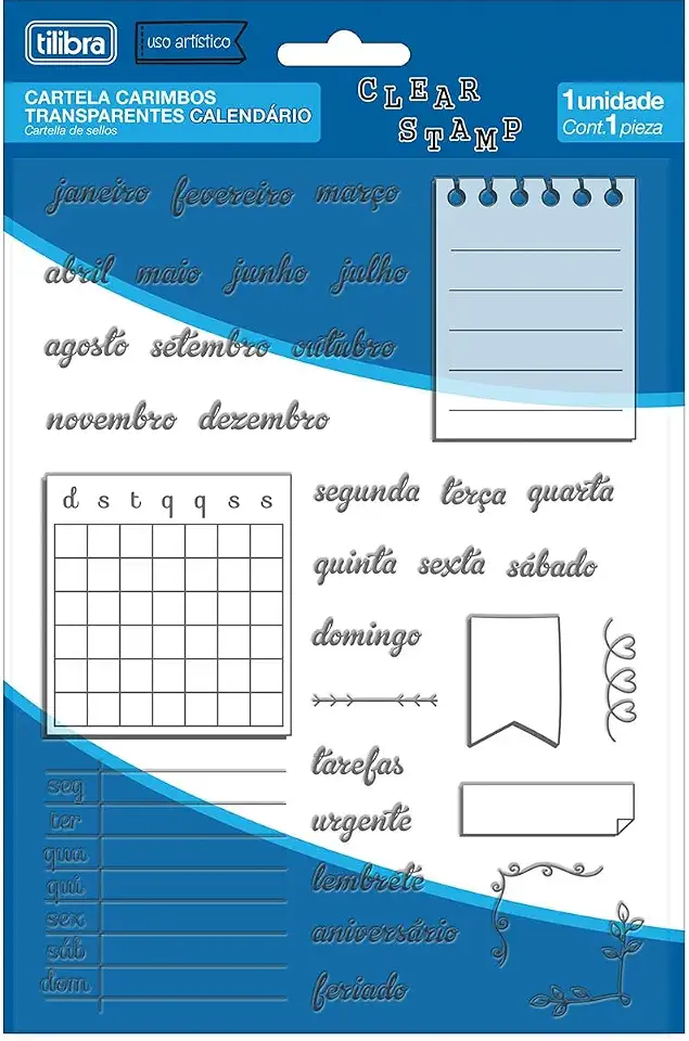 Tilibra - Cartela Carimbos Transparentes Calendário - Blister com 1 Unidade