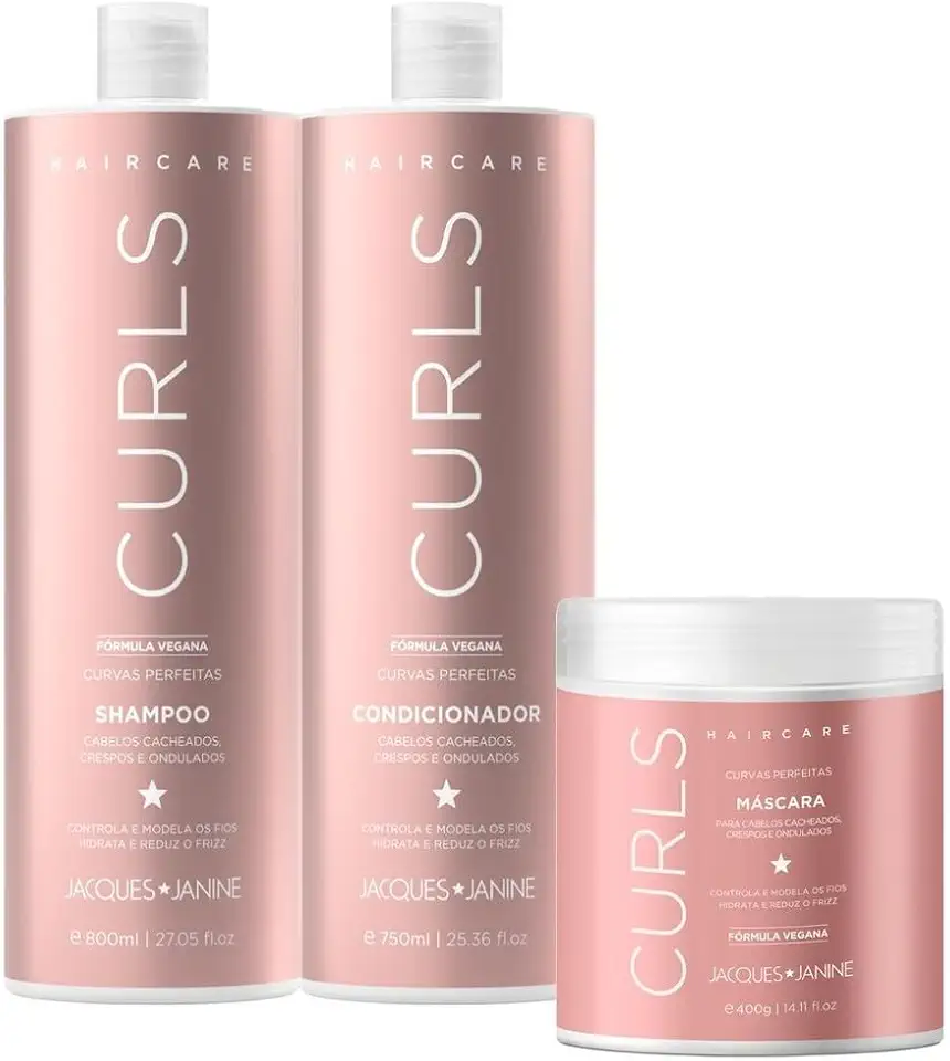 Jacques Janine Kit Curls Shampoo 800ml, Condicionador 750ml e Máscara de Tratamento 400g para Cachos Crespos e Ondulados, Cabelos Tratados Quimicamente, Líquido, 2 Unidades