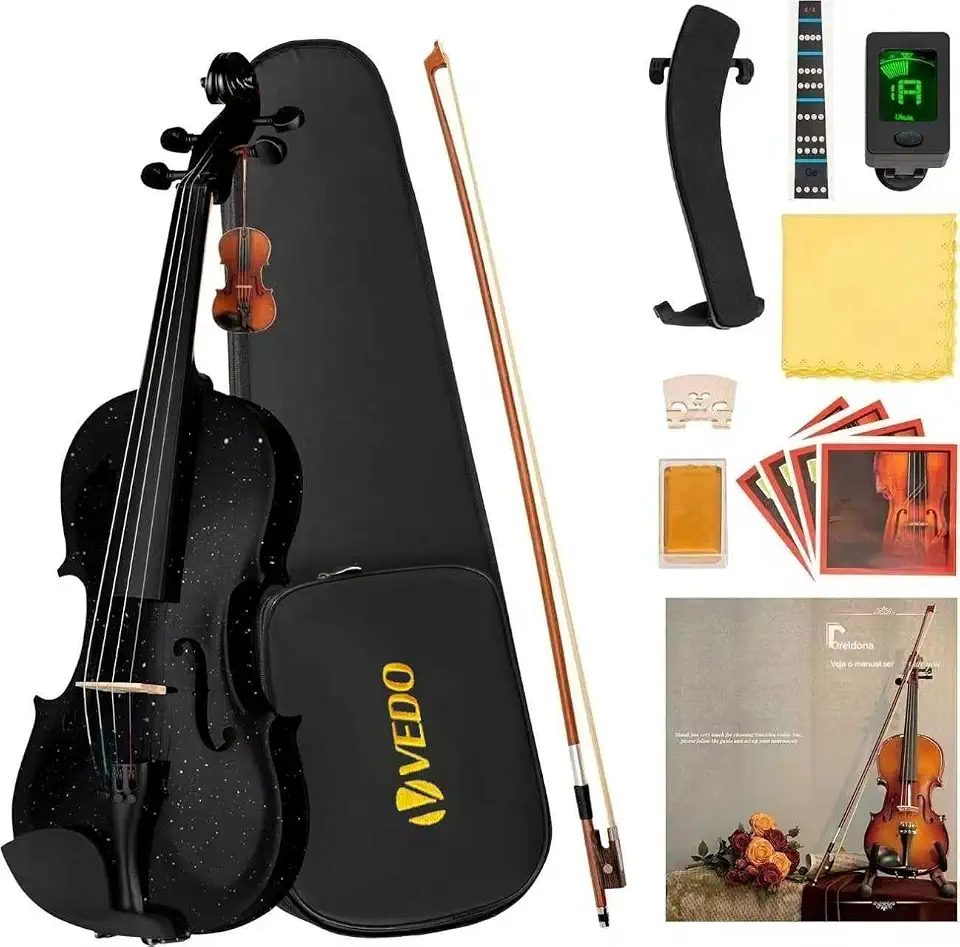 VEDO Conjunto de violino 4/4 tamanho normal, violino fosco, adequado para iniciantes e adultos, inclui estojo rígido, breu, apoio de ombro, arco, afinador e cordas extras