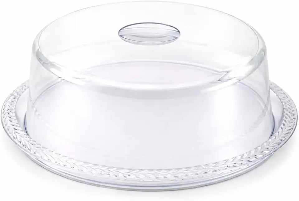 Porta Bolo com Tampa de Acrílico Transparente e Base Trançada Decorada – Boleira Redonda Multiuso para Café da Manhã, Festa e Sobremesas | Tamanho Grande