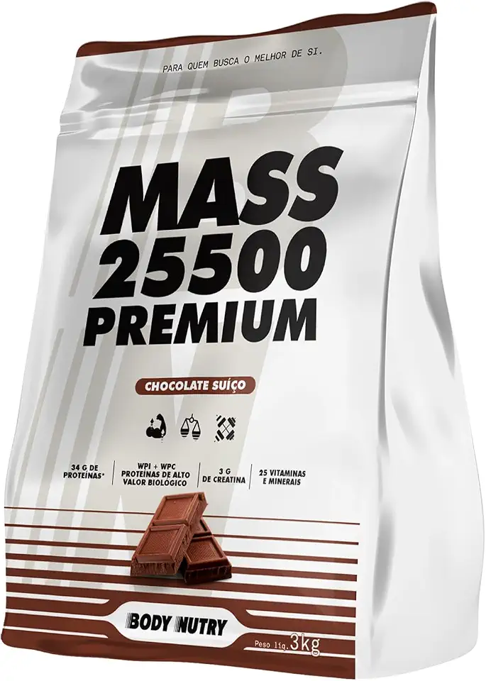 Hipercalórico Mass 25500 3kg Anticatabólico 34g de proteínas 26 vitaminas e minerais com 3g de creatina (Chocolate Suíço)