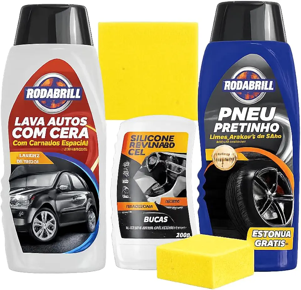 Kit Limpeza Automotiva 3 em 1, Lava Autos com Cera 500ml, Pneu pretinho 500ml, Silicone Gel 200g, com Esponja Grátis