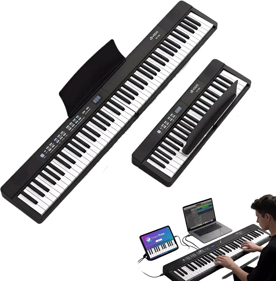 VEDO Piano Elétrico DobráVel Kit, 88 Teclas Semipesadas, Recarregável, 128 Tons, 128 Ritmos, 80 CançõEs de DemonstraçãO, Tela de LED, USB-MIDI, Com Pedal SustentaçãO, Suporte MúSica, Bolsas
