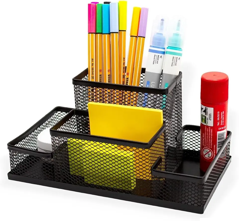 Porta Lápis Organizador de Mesa em Metal Aramado com 4 Divisórias – Porta Caneta Porta Treco Organizador Escritório e Home Office, Suporte para Material Escolar Preto Compacto