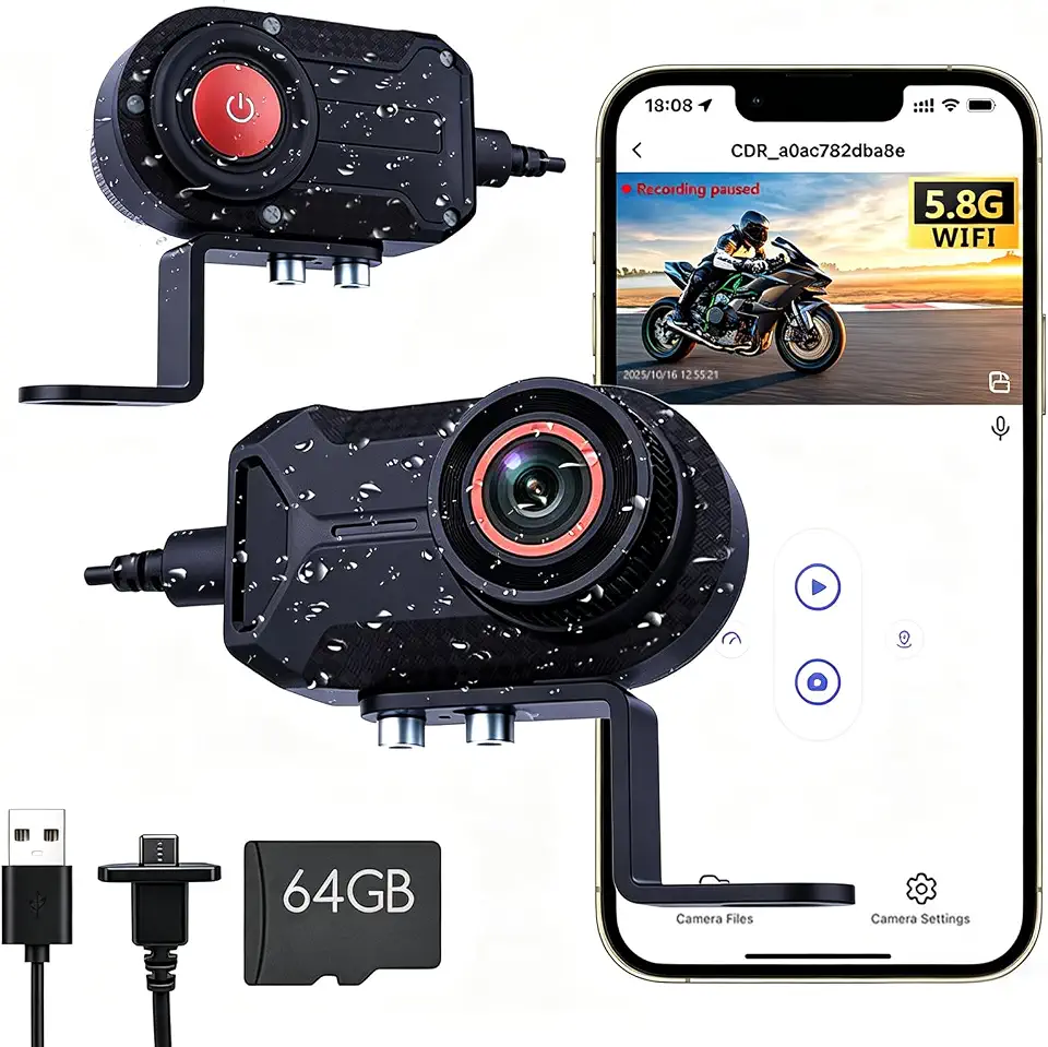 Gravador para Moto/Bicicleta 1080P, Câmera para Moto com Cartão SD de 64GB Compatível com Vários Modelos, Conexão Wi-Fi e APP Móvel