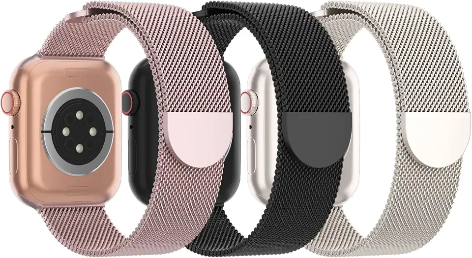 Pulseira de Metal de Malha Steezrd, Aço inoxidável, Magnética, Compatível com Apple Watch Ultra/2 Séries 10/9/8/SE/7/6/5/4/3/2/1 de 38, 40, 41, 42, 44, 45, 46, 49 mm, Unissex, 3 Unidades