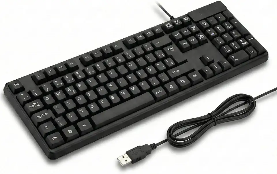 Teclado com Fio USB ABNT2 para PC e Notebook – Digitação Silenciosa, Conforto Ergonômico, Perfil Slim, Teclas Macias, Plug & Play, Alta Durabilidade, Ideal para Escritório, Estudos e Uso Diário