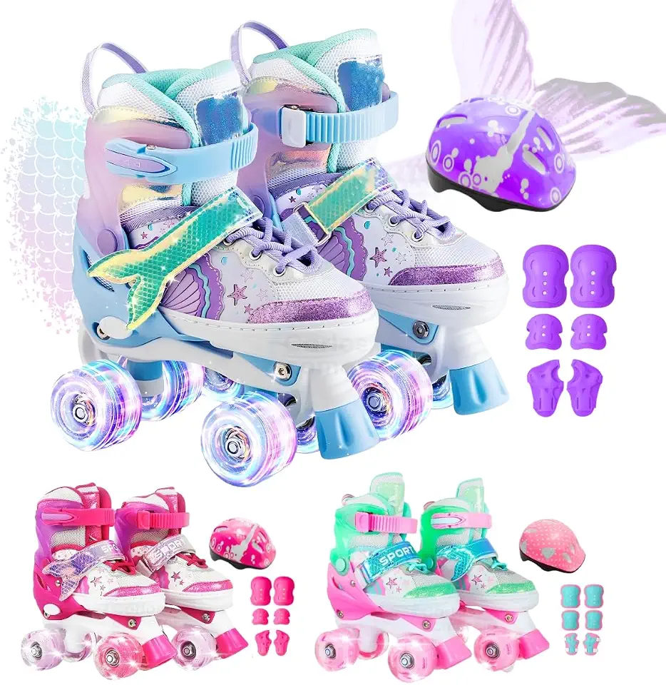 Patins Infantil 4 Rodas Ajustável Rodinha Led Sereia + Kit Proteção