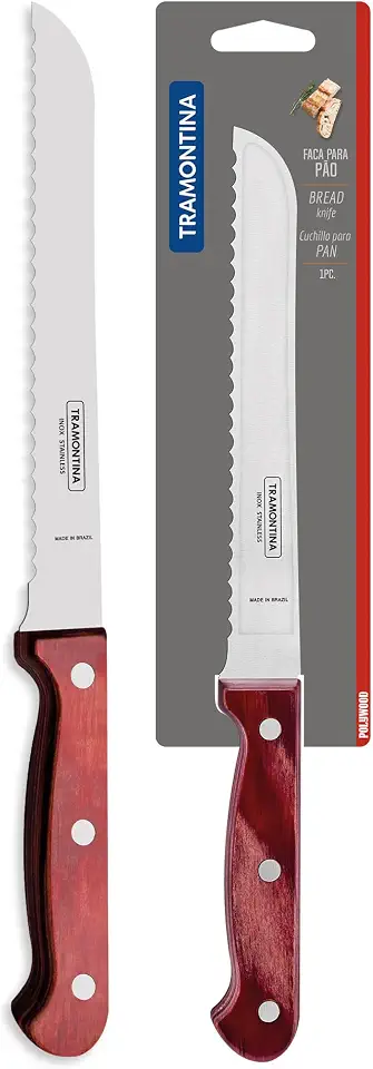 Faca para Pão Tramontina Polywood com Lâmina em Aço Inox e Cabo de Madeira Vermelho 7"