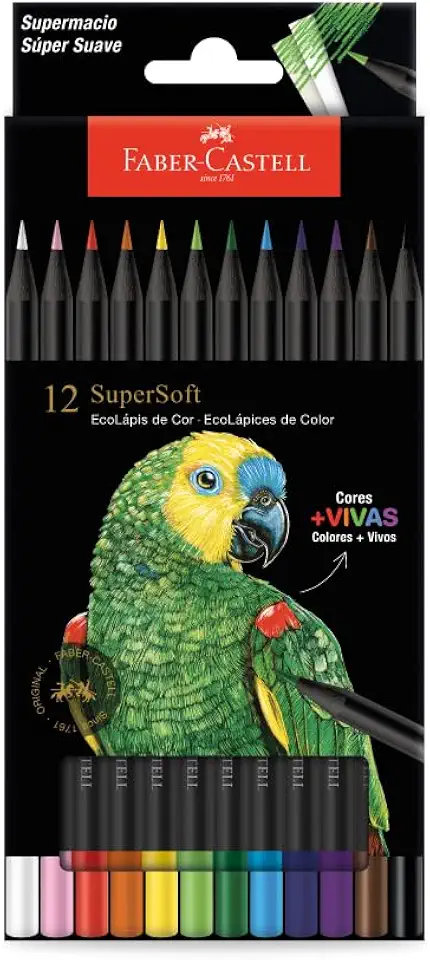 Faber-Castell Lápis De Cor Supersoft com 12 Cores - Ecolápis super mácio com cores mais vivas, excelente cobertura