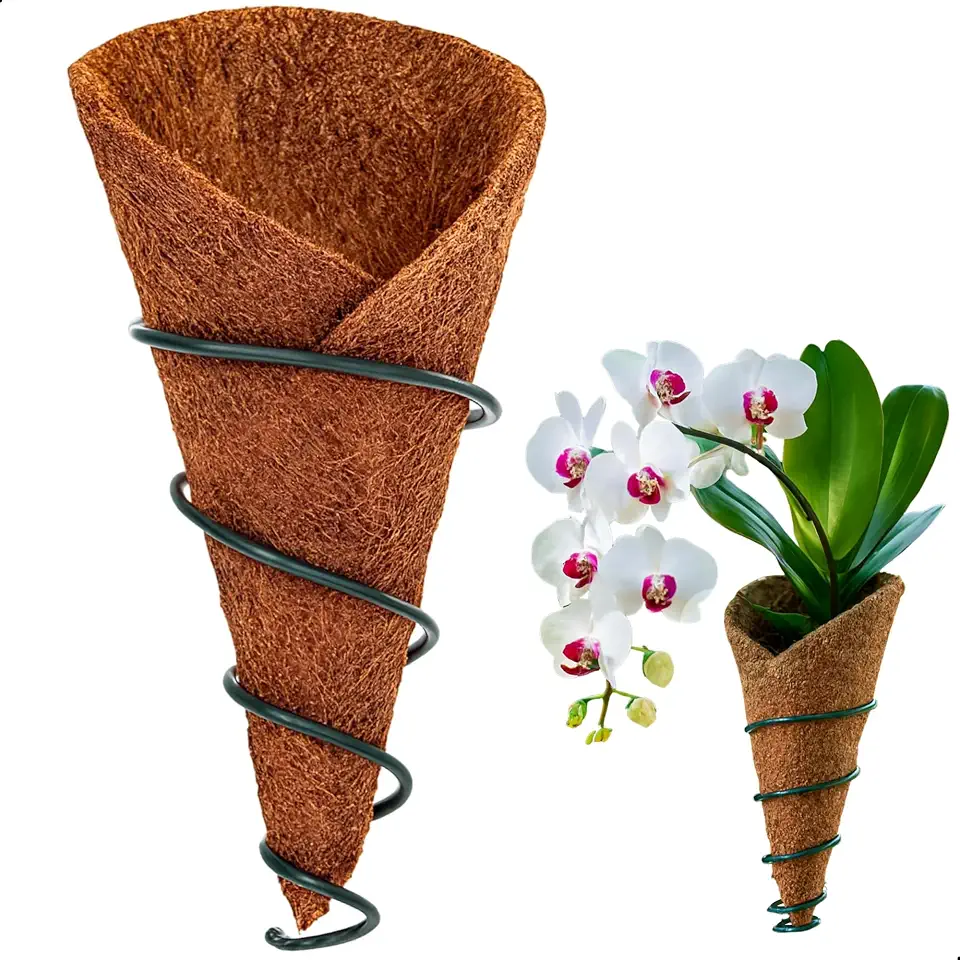 Vaso Natural Cone Fibra de Coco para Orquídeas e Plantas com Suporte de Metal para Parede – Cultivo Decorativo Rústico