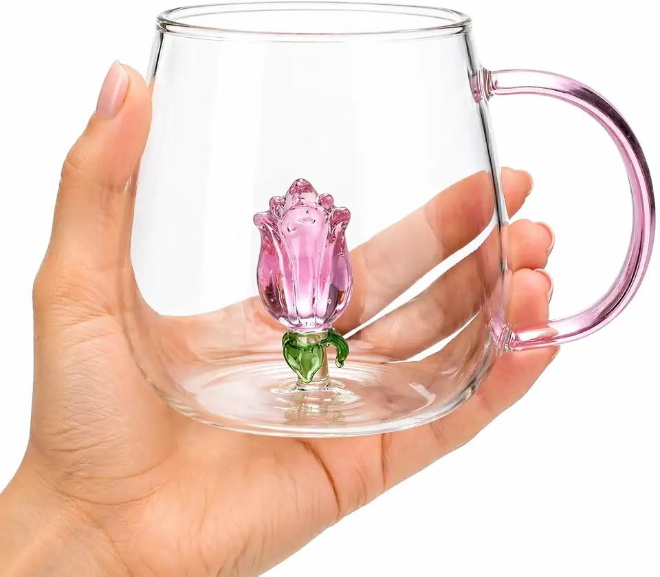 Caneca de Vidro Borossilicato 3D com Flor Interna – Resistente ao Calor | Design Elegante para Chá, Café e Presentes.
