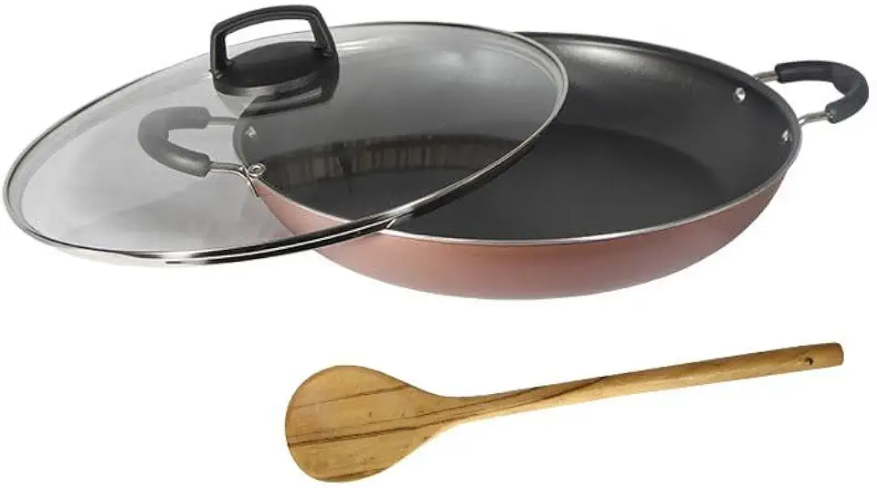 Paella Tacho N32 Antiaderente com Tampa Vidro + Colher Rose