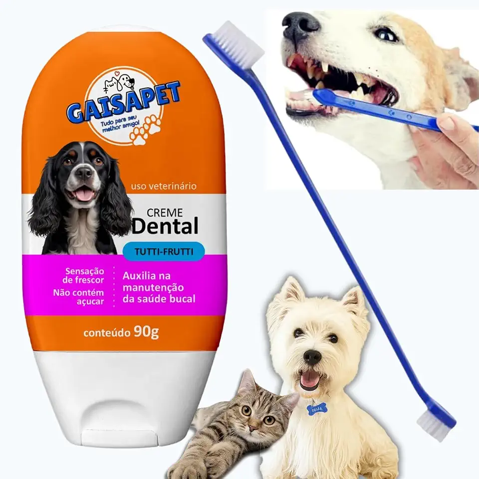 Kit Creme Dental Pet Sabor Tutti Fruti + Escova de Dente Pet Dupla cores sortidas Pasta de Dente para Cachorro e Gatos Higiene Bucal para Pets