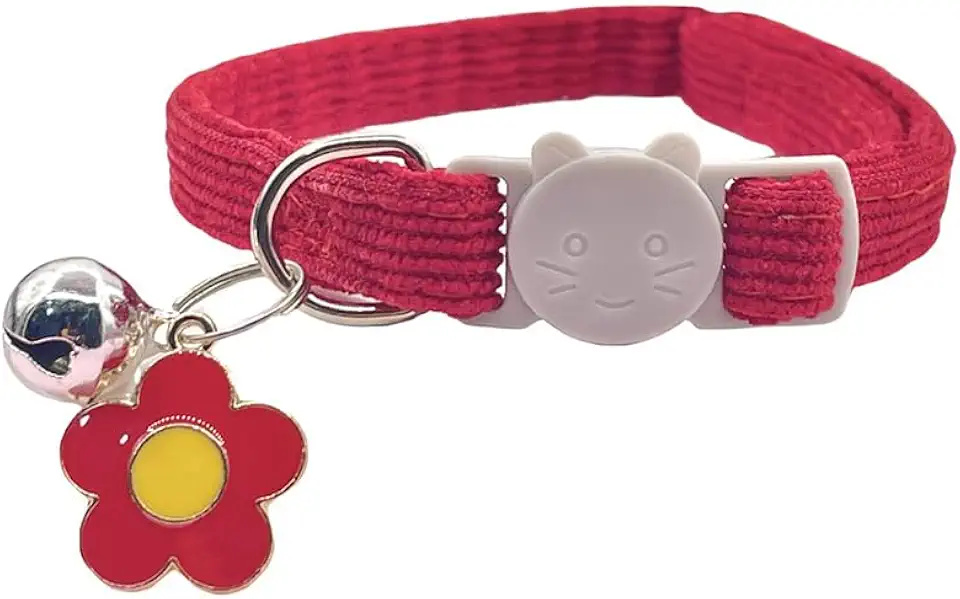 Linda coleira de gato breakaway ajustável de veludo cotelê coleira para animais de estimação com pingente de sino e flor para gatos e cães pequenos, vermelha
